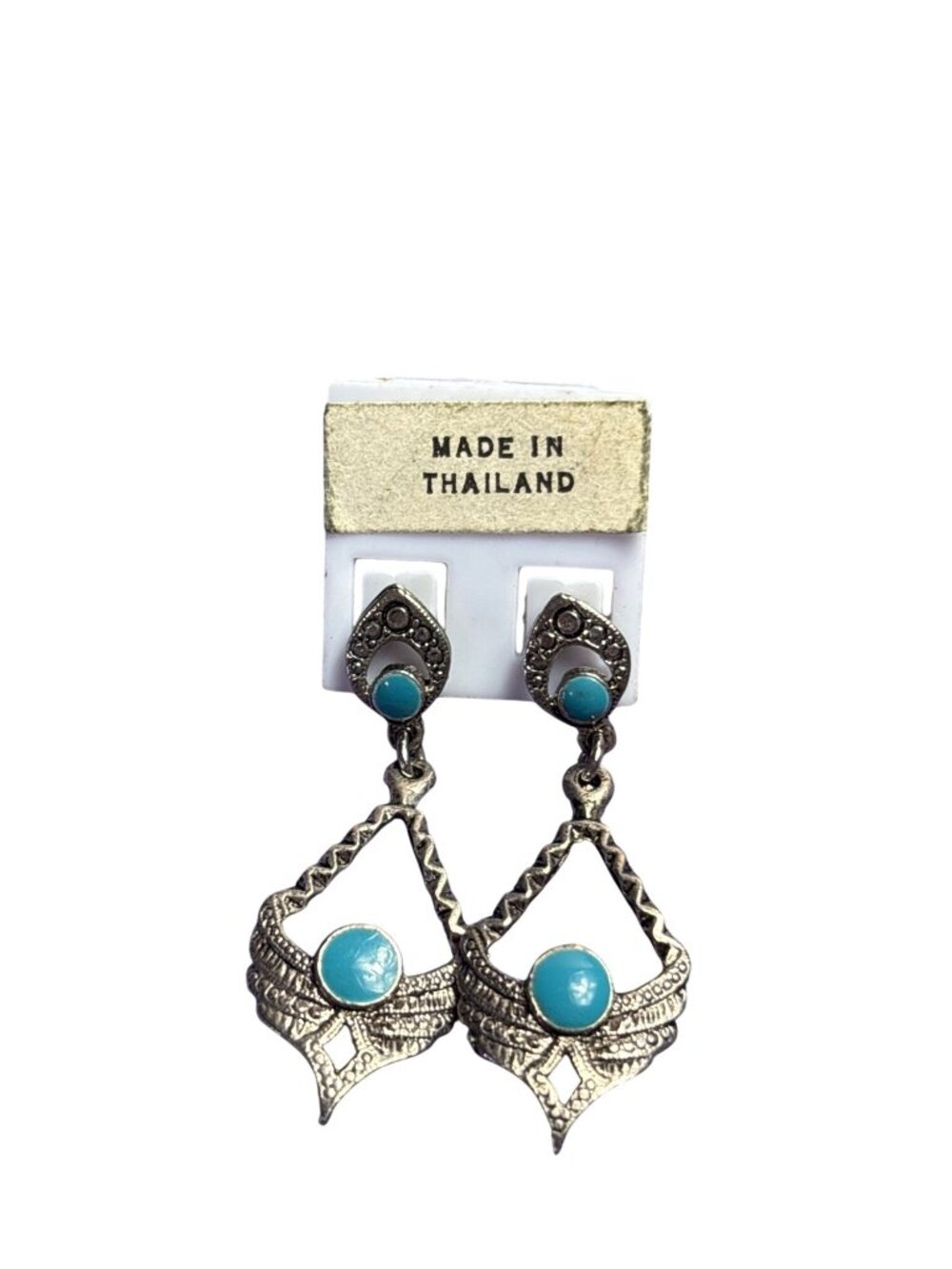 Vintage Made in Thailand Silvertone Dangle Earrings Blue Enamel 1.75 inches
